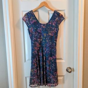 Xhilaration Blue Floral Lace Scoop Neck Skater Dress - Size M/M